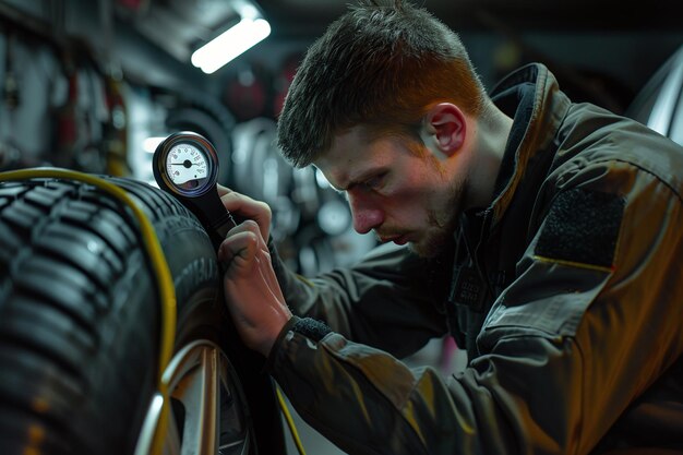 Mechanic checking tire pressure in tire